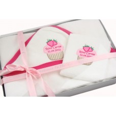 Personalised Baby Girl Embroidered Cupcake Hooded Towel and Wash Cloth Gift Set